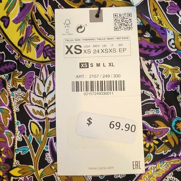 Zara Paisley Print Open Keyhole Back Long Sleeve Partially Lined Mini Dress, XS - Picture 15 of 15